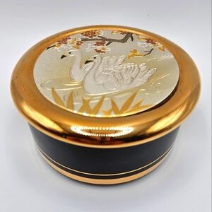 VINTAGE Swans Art Of Chokin 24KT Gold Edged Black Trinket Box Made in Japan